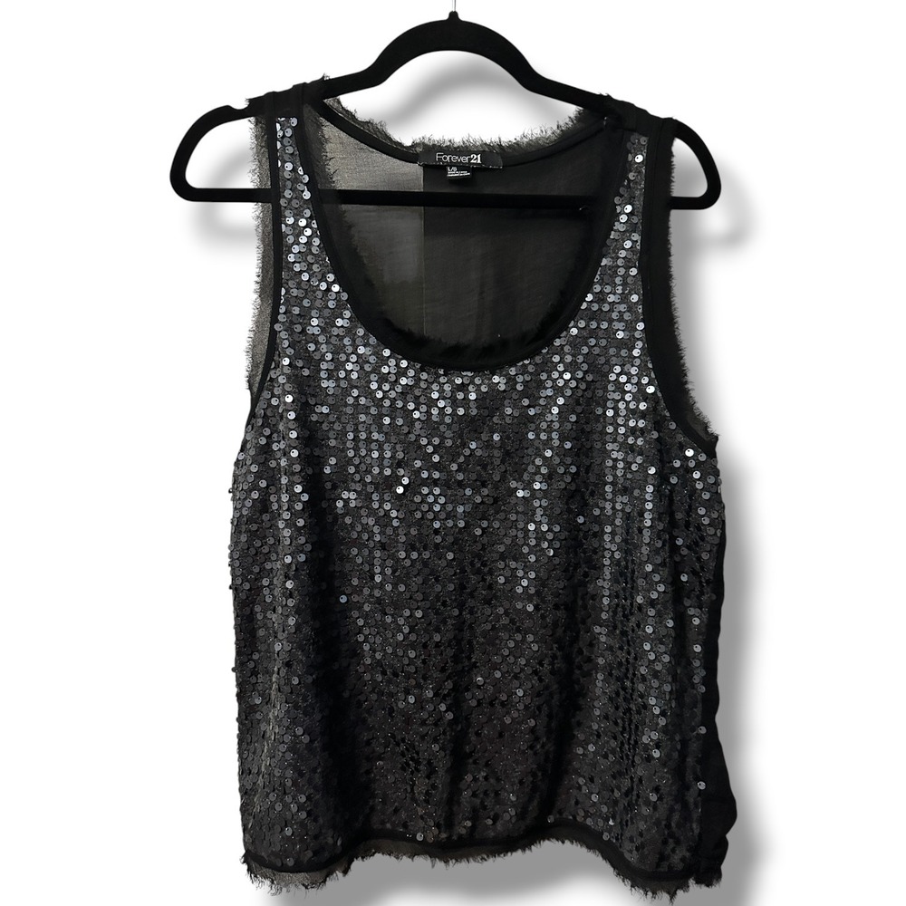 Forever 21 Womens Black Sequin Front Sheer Back Frayed Trim Tank‎ Top Large